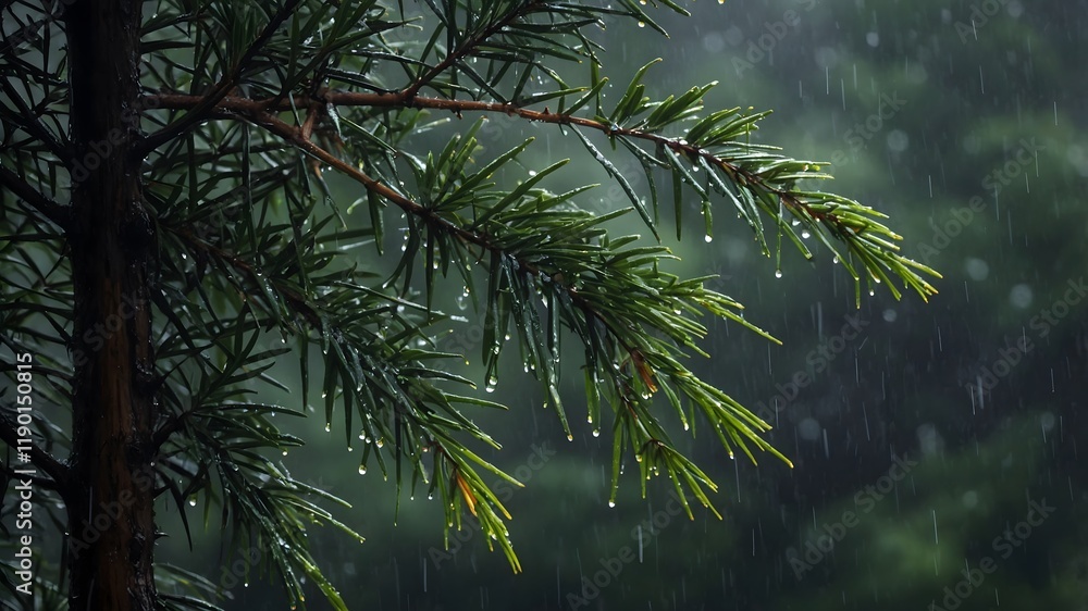 Obraz premium Misty Forest: Pacific Yew Tree with Dew-Kissed Needles on a Rainy Day