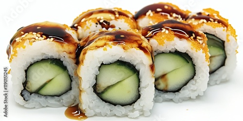 Close-Up of Fresh Sushi Rolls with Cucumber and Sauce Drizzle on a White Plate