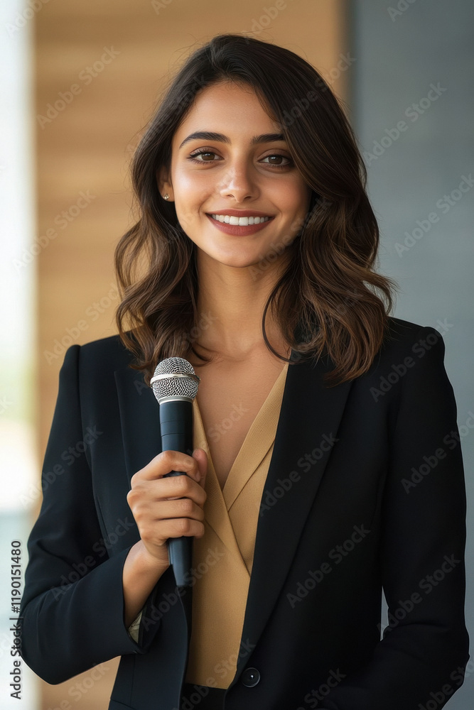 smiling Indian female professional journalist in a black and gold suit, holding a microphone at a press conference. smiling Indian female professional journalist in a black and gold suit, holding a microphone at a press conference.