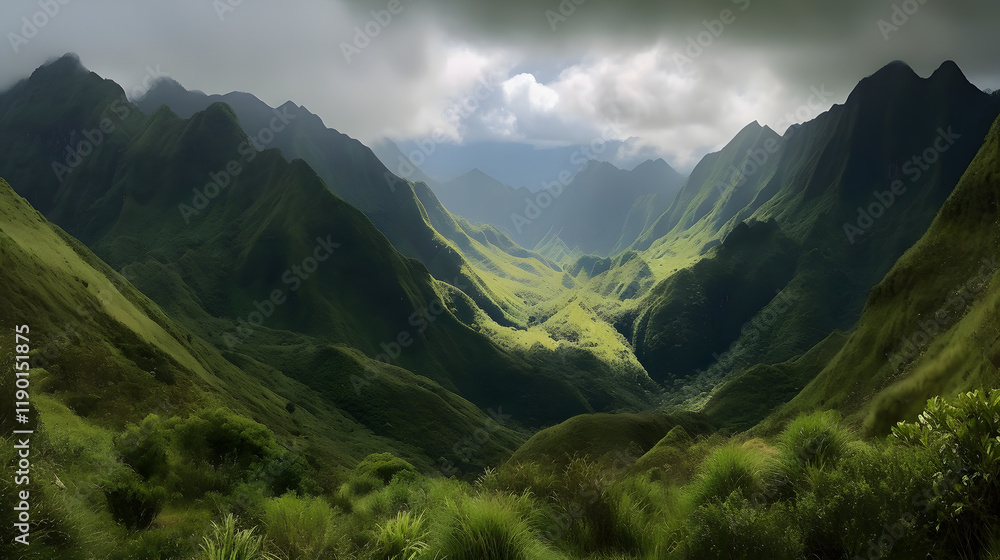Obraz premium a valley with mountains in the background