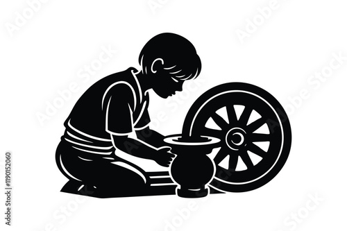Silhouette Boy Working on Pottery Wheel Vector Illustration
