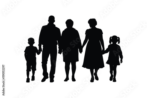 "Family Silhouettes of Grandparents, Parents, and Three Children from Back - Vector Illustration"

