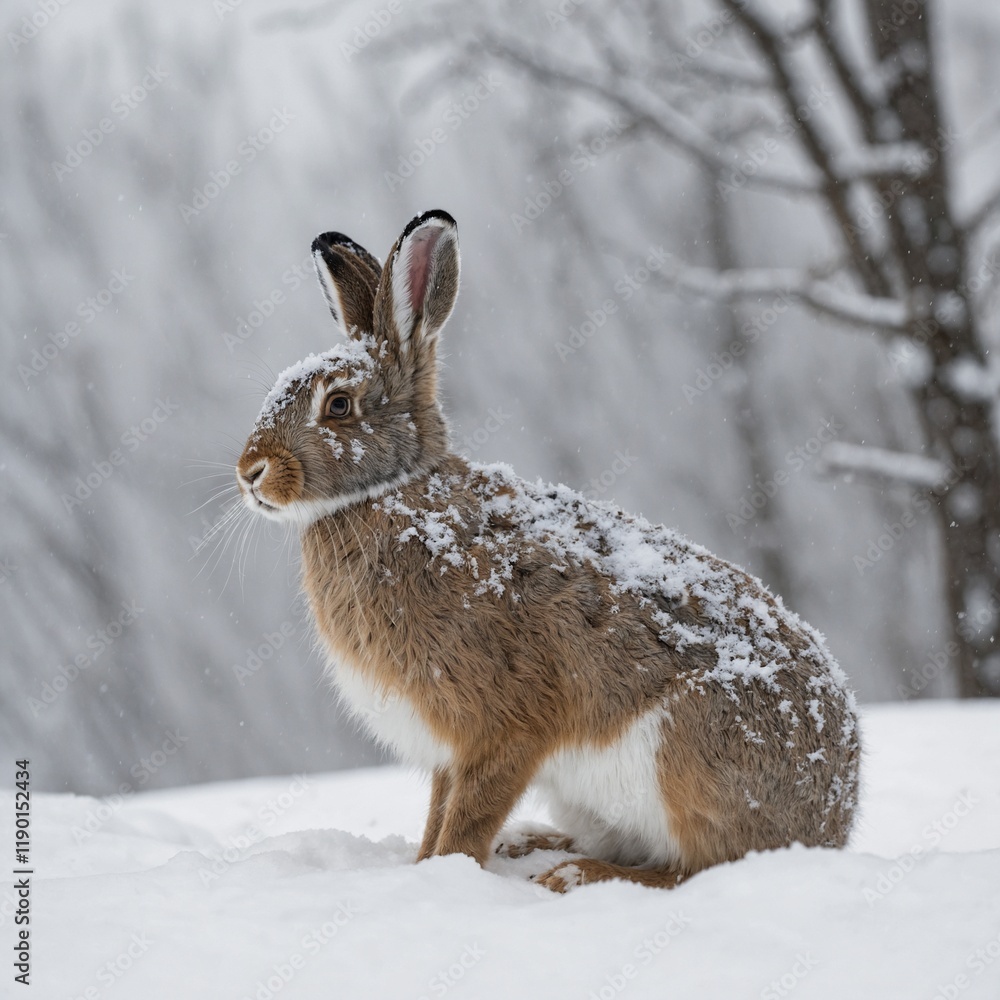 A realistic snowshoe hare camouflaged against a snowy white background.
A realistic snowshoe hare camouflaged against a snowy white background.