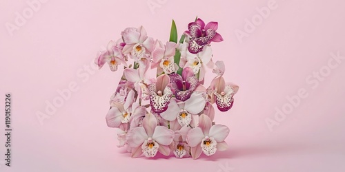 Pink orchids arranged, pastel background, floral design, greeting card