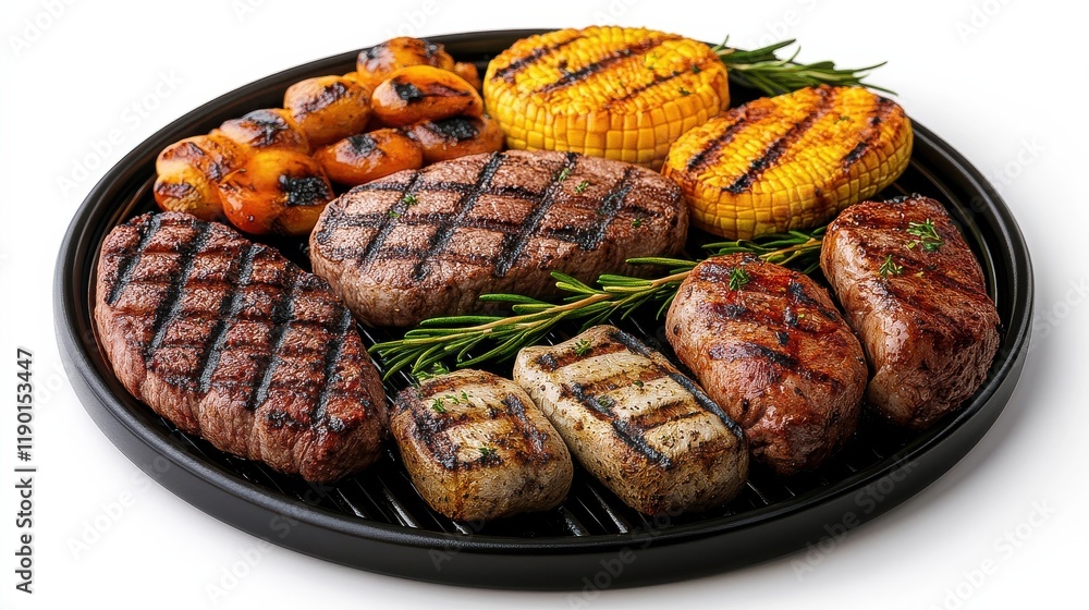 Obraz premium [Grilling Gatherings techniques seasonal grilling] Freshly Grilled BBQ Platter with Herbs and Skewers for Casual Dinner Party or Outdoor Gathering