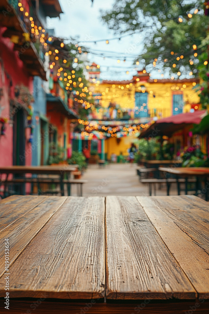 Fototapeta premium This Cinco de Mayo-inspired outdoor space features a wooden table in the foreground, surrounded by colorful decor and festive lighting