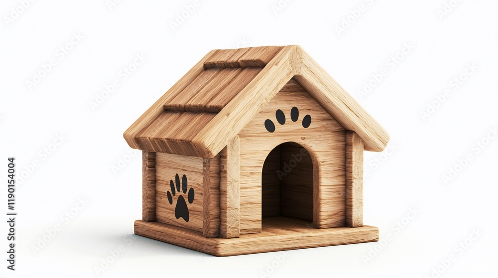 Wooden dog house with paw prints, isolated on white background. Wooden dog house with paw prints, isolated on white background.