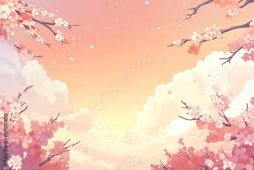 Wallpaper Mural High-resolution cartoon illustration of cherry blossom cloud background in pink-orange gradient for Chinese New Year, with text space and lower right peach blossoms. Torontodigital.ca