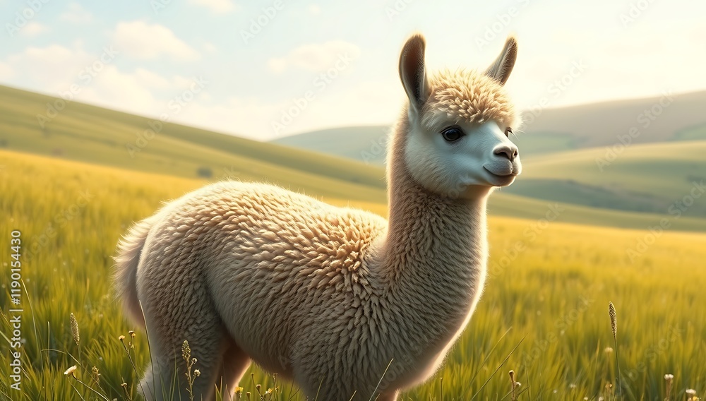 Fototapeta premium Fluffy alpaca cria in sunny field.