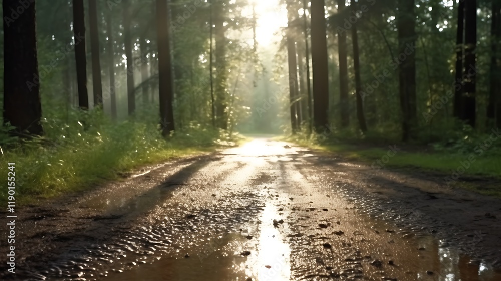 Obraz premium Sunlit Forest Path After Rain Showing Puddle Reflections