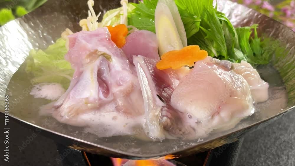 日本の冬の味覚料理 下関産トラフグのてっちり鍋 日本の冬の味覚料理 下関産トラフグのてっちり鍋