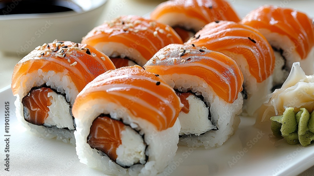 Delicious Philadelphia roll sushi with salmon, cream cheese, and sesame seeds. Delicious Philadelphia roll sushi with salmon, cream cheese, and sesame seeds.