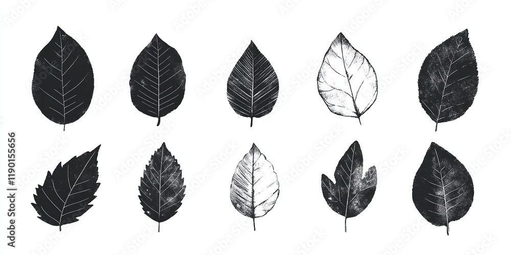 Obraz premium Leaf Prints: Ten Botanical Illustrations, Nature's Designs in Black and White, Artistic Impressions of Foliage, Detailed Leaf Sketches, Exquisite Botanical Artwork.