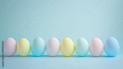 Colorful Pastel Eggs in a Row Against a Soft Blue Background - Perfect for Easter Celebrations