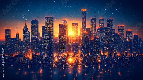 Cityscape at Sunset Illuminating Skyscrapers and Stars photo