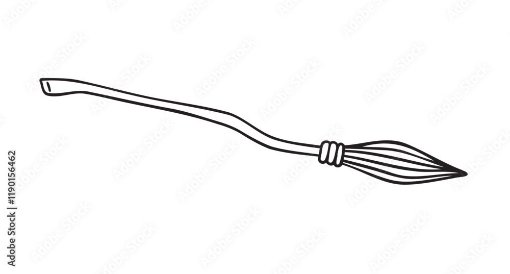 Naklejka premium witch broom doodle hand drawn icon. Outline drawing witch broom line clipart symbol. Halloween magic broom. 