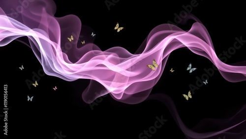 A swirling wave of colored smoke flows like liquid light, creating a smooth, abstract pattern against a dark backdrop