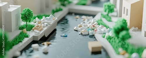 Miniature Model of Urban Waterway with Pollution Depiction