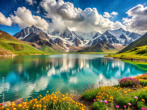 stunning landscape featuring vibrant flowers in foreground, serene lake reflecting majestic snow capped peaks, and lush green hills under bright blue sky photo