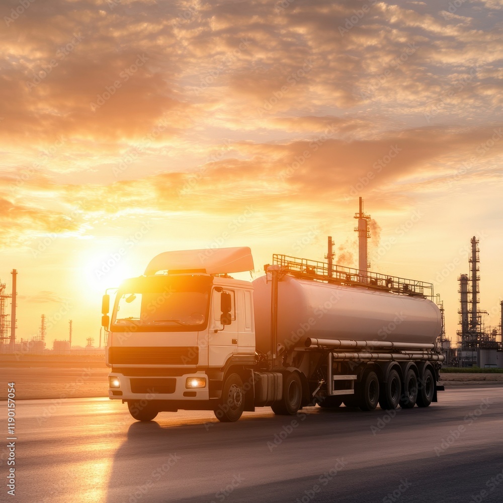 Fuel tanker loading process at industrial plant transportation logistics urban sunset industrial environment aerial view efficiency concept Fuel tanker loading process at industrial plant transportation logistics urban sunset industrial environment aerial view efficiency concept