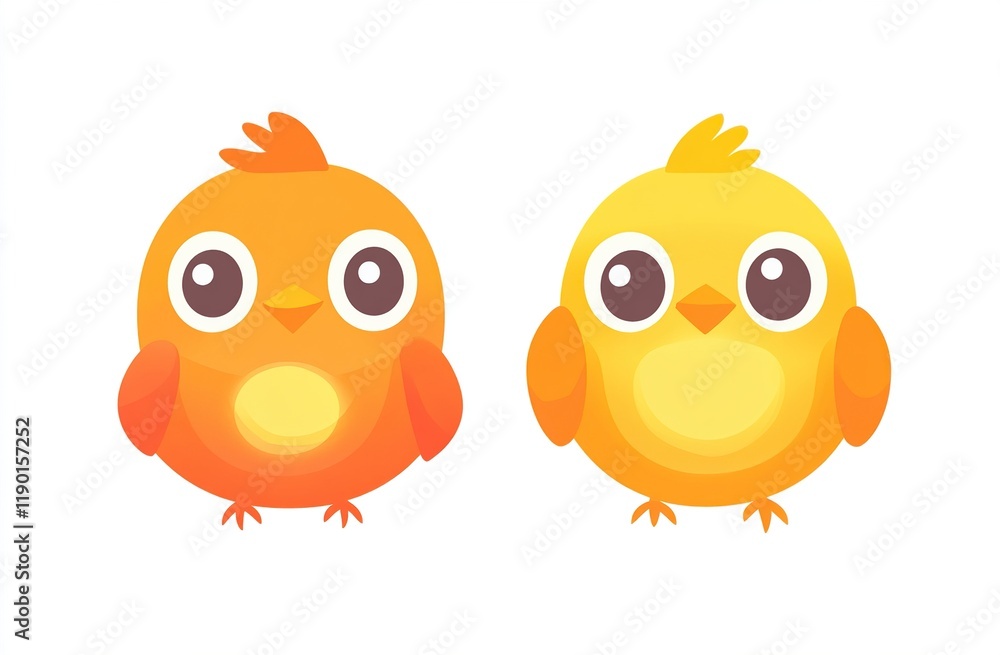 Fototapeta premium Adorable Baby Chicks: Two Cute Yellow and Orange Birds, Joyfully Chirping, Displaying Vibrant Colors, Delightfully Charming