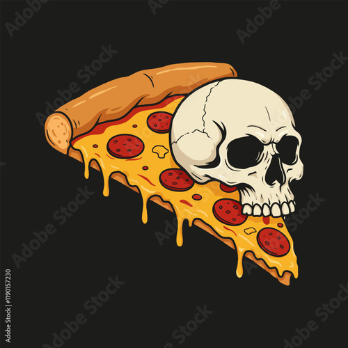 A stylized illustration depicts a skull taking a large bite from a slice of pepperoni pizza with melted cheese.