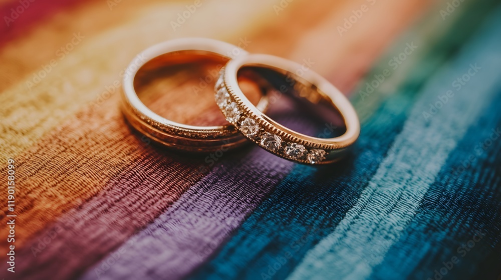 Close-Up of Intricate Details on Two Gold Wedding Rings Set Against a Colorful Background, Highlighting Elegance and Craftsmanship for a Timeless Romantic Connotation Close-Up of Intricate Details on Two Gold Wedding Rings Set Against a Colorful Background, Highlighting Elegance and Craftsmanship for a Timeless Romantic Connotation