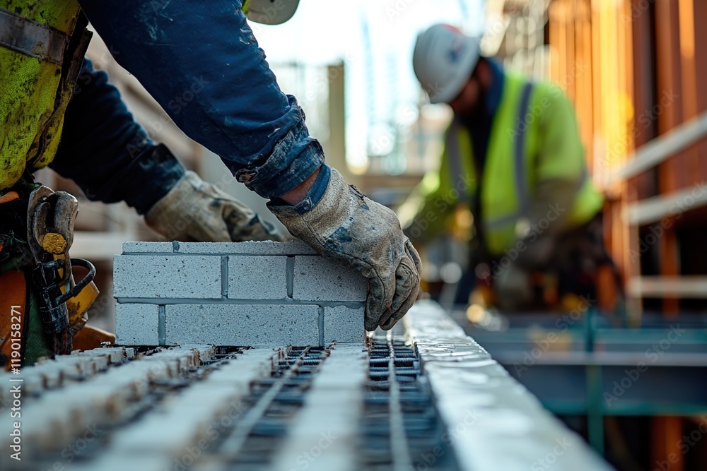 Construction Worker Skillfully Places Bricks in Mortar, Building a Sturdy Wall with Precision and Expertise Outdoors Construction Worker Skillfully Places Bricks in Mortar, Building a Sturdy Wall with Precision and Expertise Outdoors