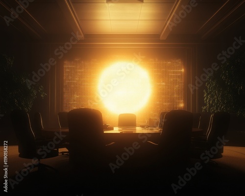 Innovative fuel strategies discussed in a cozy boardroom amidst a glowing sun business environment intimate viewpoint photo