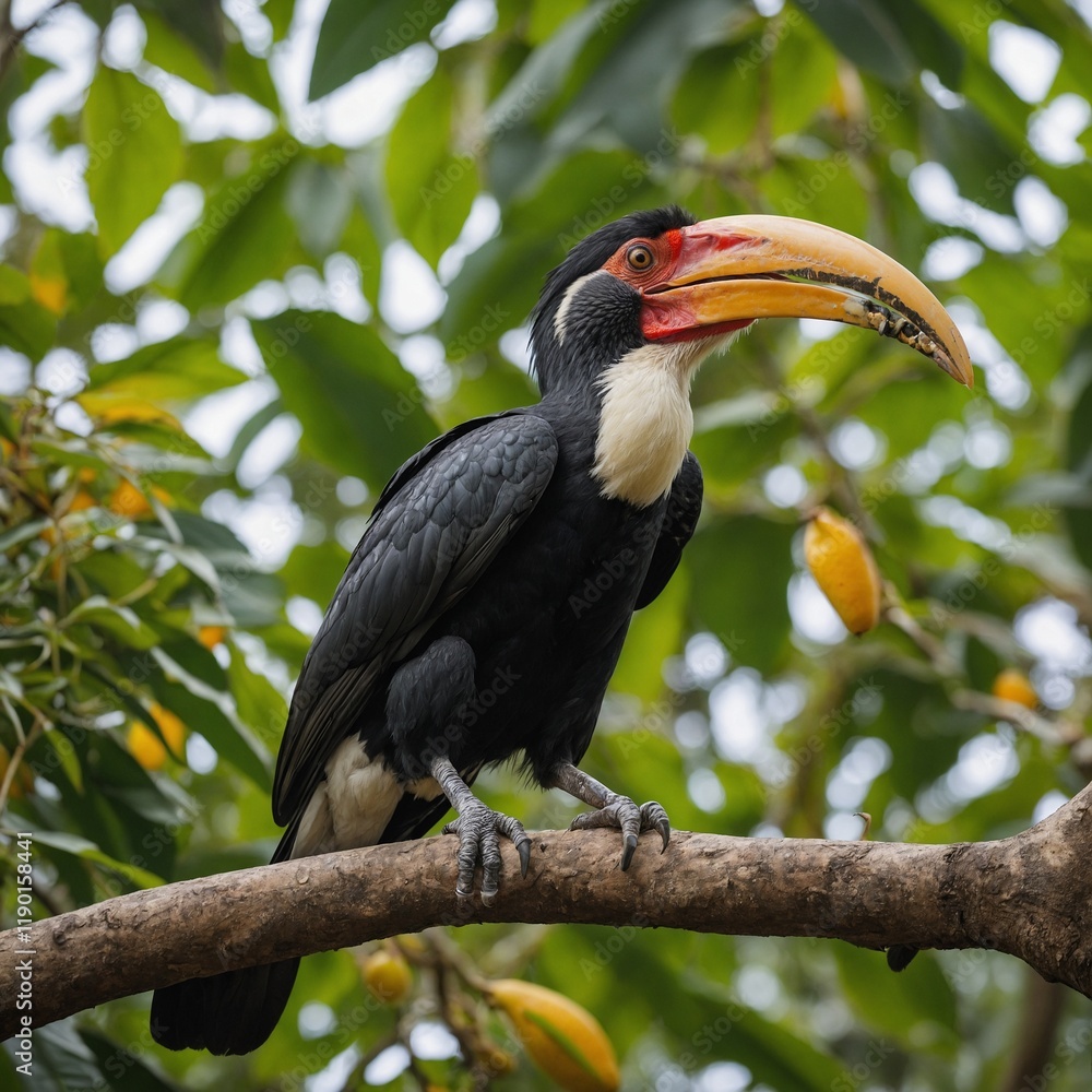 A hornbill feeding on jungle fruits, white background. A hornbill feeding on jungle fruits, white background.
