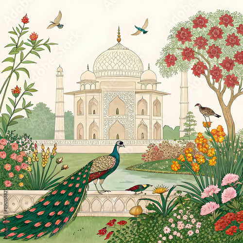 mughal traditional garden with peacock bird
