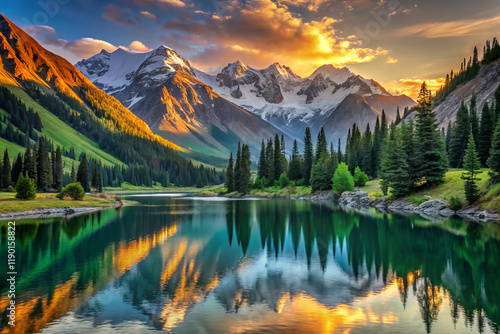 Majestic mountains reflect in serene lake at sunset, surrounded by lush greenery and vibrant colors. breathtaking view of nature beauty photo