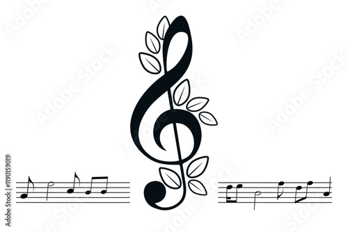 Black treble clef sign, decorated music key symbol, musical melody illustration, notes sound icons. Musical background, design fest card, jazz poster, concert performance banner. Copy space, isolated