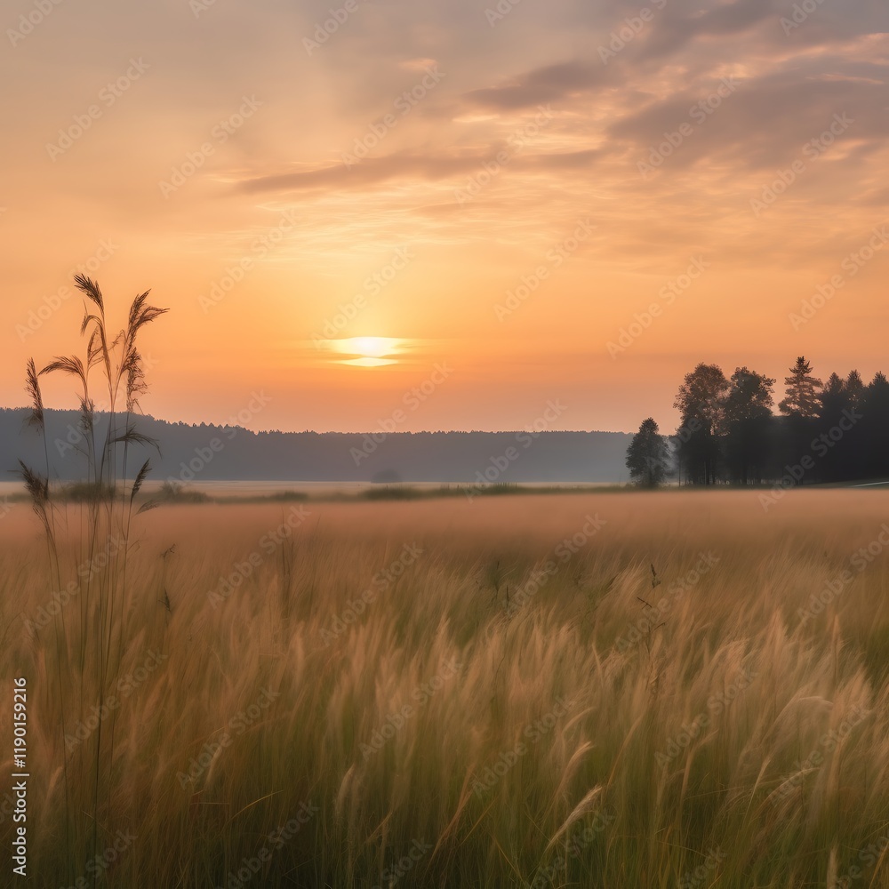 Obraz premium Golden Sunrise Over Serene Grassland Field