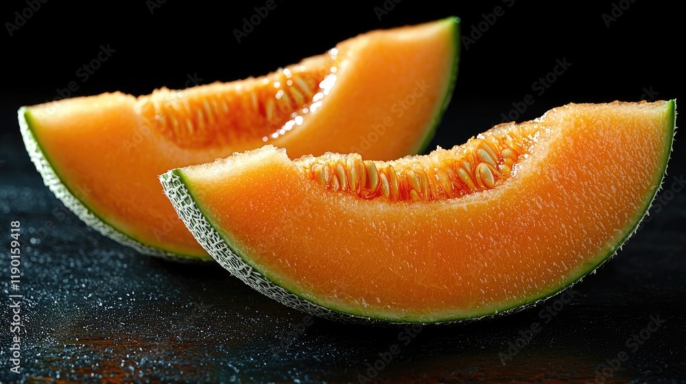 Two Slices of Ripe Cantaloupe Melon on Dark Background Two Slices of Ripe Cantaloupe Melon on Dark Background