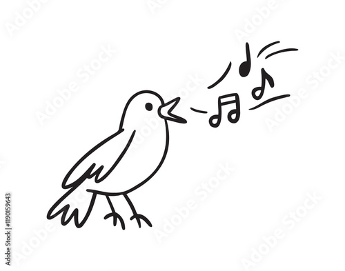 Bird nightingale singing doodle hand drawn icon. Outline drawing bird sing notes line clipart symbol