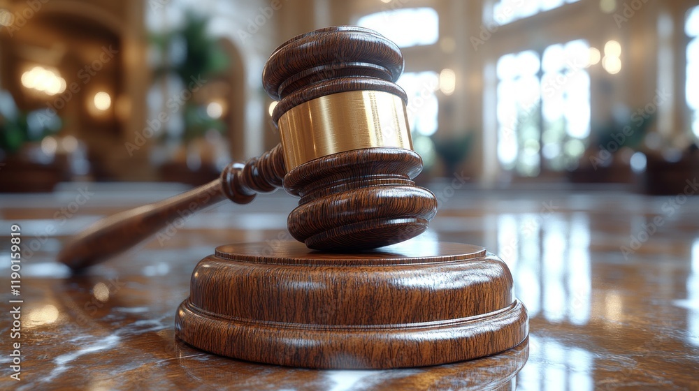Close-up of a judge's gavel on a wooden sound block in a courtroom. Close-up of a judge's gavel on a wooden sound block in a courtroom.