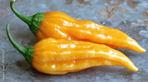 Two vibrant yellow chili peppers with glossy skin and green stems, captured in a close-up view against a textured gray surface.  The image highlights the peppers' vibrant color and fresh appearance, s photo