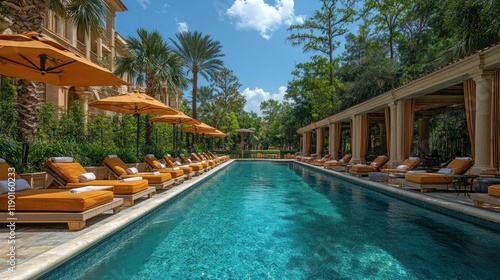 Wallpaper Mural Luxurious resort pool with orange lounge chairs and umbrellas under a sunny sky. Torontodigital.ca