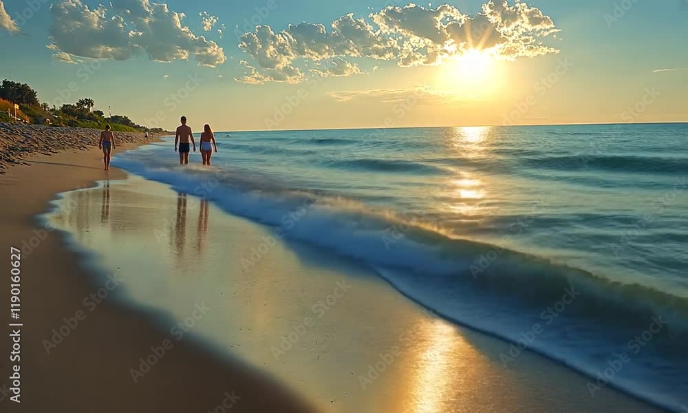 Family Strolling on Sandy Beach at Sunset Family Strolling on Sandy Beach at Sunset