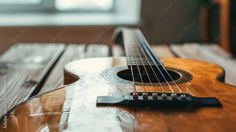 Obraz premium Acoustic Guitar on Wooden Table, Close-up View
