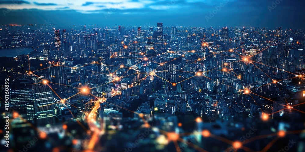 Obraz premium Nighttime Cityscape with Network Connections Illuminating Urban Landscape in Modern Metropolis