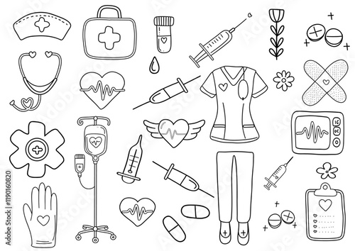 Nurse Equipment and Uniform Coloring Page
