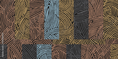 Hand drawn Japanese brush line abstract patchwork pattern, Ethnic folk wood carving, engraving, basketry surface texture design, oriental graphic blocks for textile, fabric, carpet