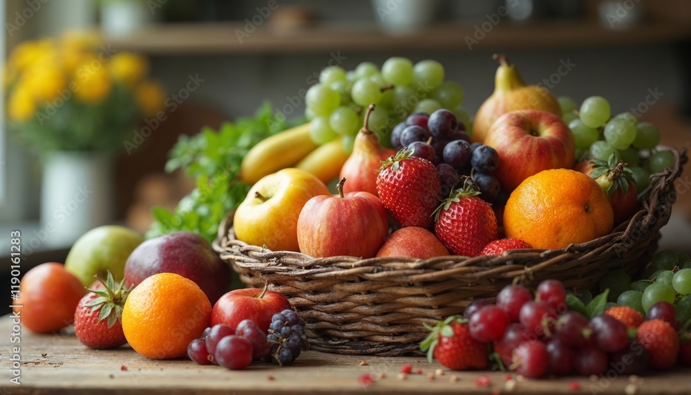 Fresh fruits in basket on wooden table. Concept of healthy eating, organic food, and diet. Fresh fruits in basket on wooden table. Concept of healthy eating, organic food, and diet.