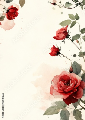 Red roses watercolor painting, floral border, white background, card design