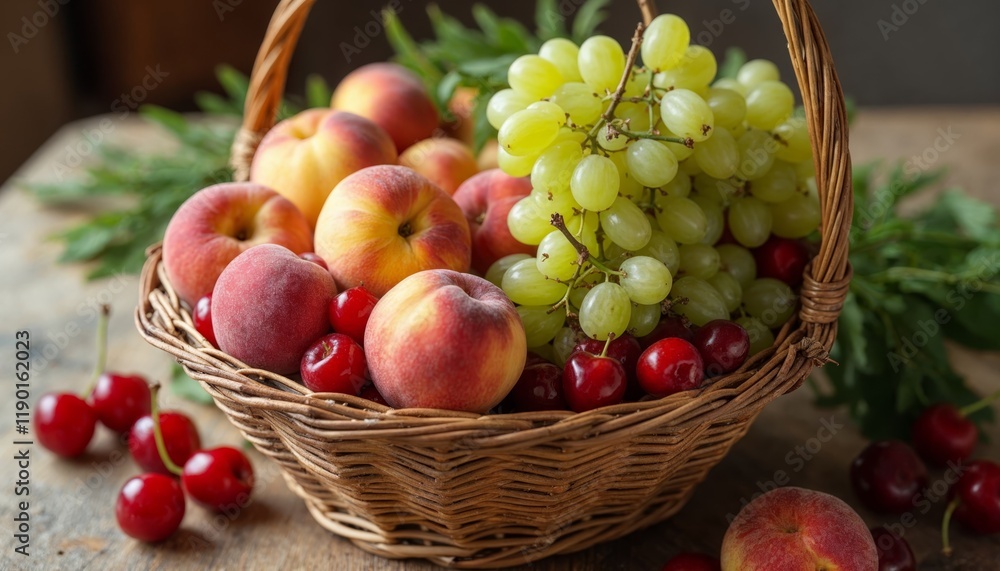 Fresh fruit basket with grapes, peaches, and cherries. Concept of healthy eating and organic food. Fresh fruit basket with grapes, peaches, and cherries. Concept of healthy eating and organic food.