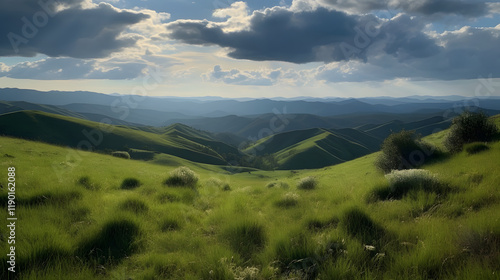 a grassy field with mountains in the background