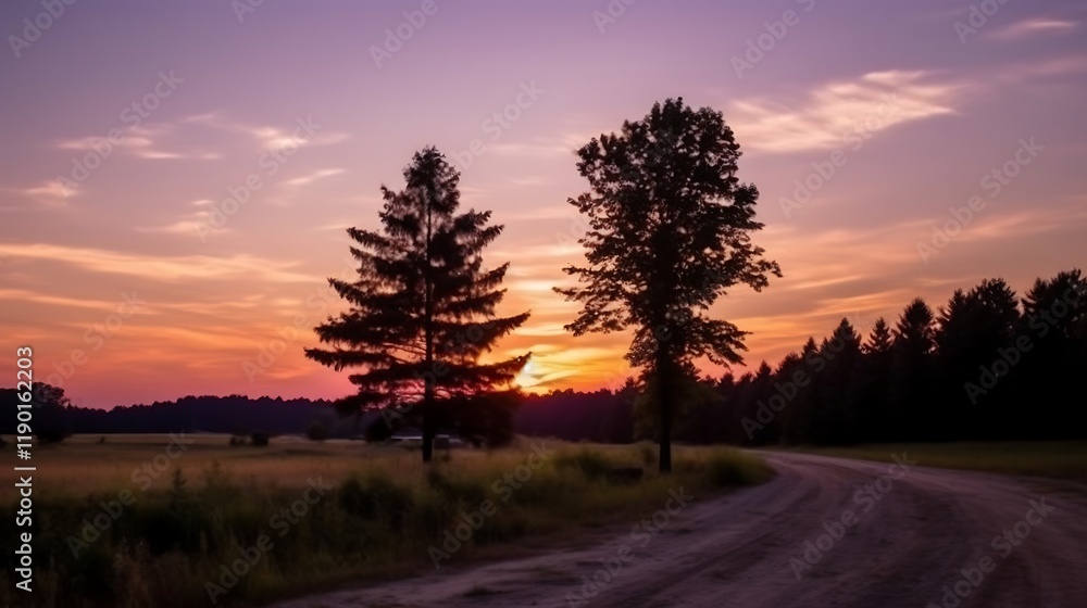 Sunset silhouettes of trees beside a country road Sunset silhouettes of trees beside a country road