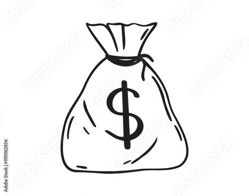 Premium money bag with dollars doodle hand drawn icon. Outline drawing money bag with dollars line clipart symbol